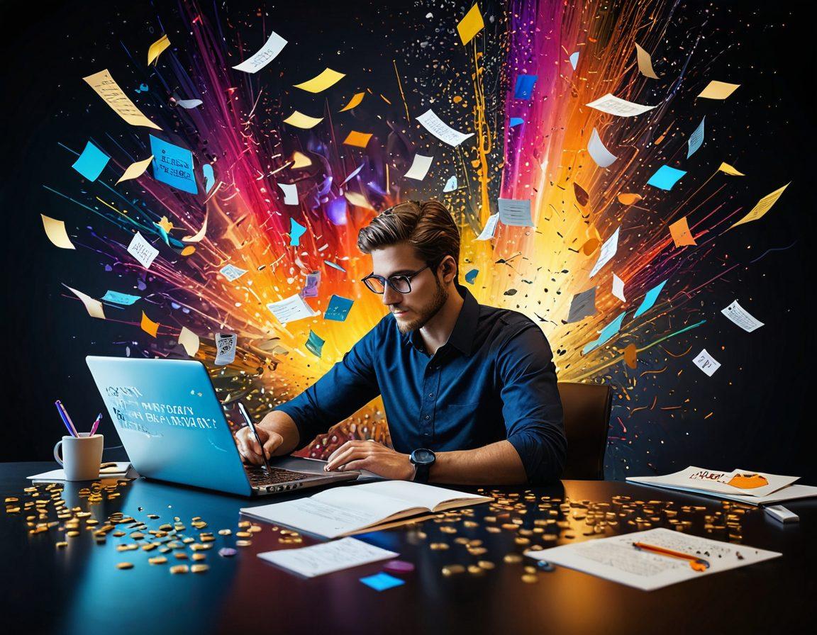 A dynamic scene depicting a writer immersed in a vibrant, digital workspace filled with floating articles and trending topics transforming into sparkling treasures. The background features a blend of social media icons and gold coins, symbolizing the transition from ideas to value. Bright, engaging colors dominate the palette to attract attention. super-realistic. vibrant colors. 3D.