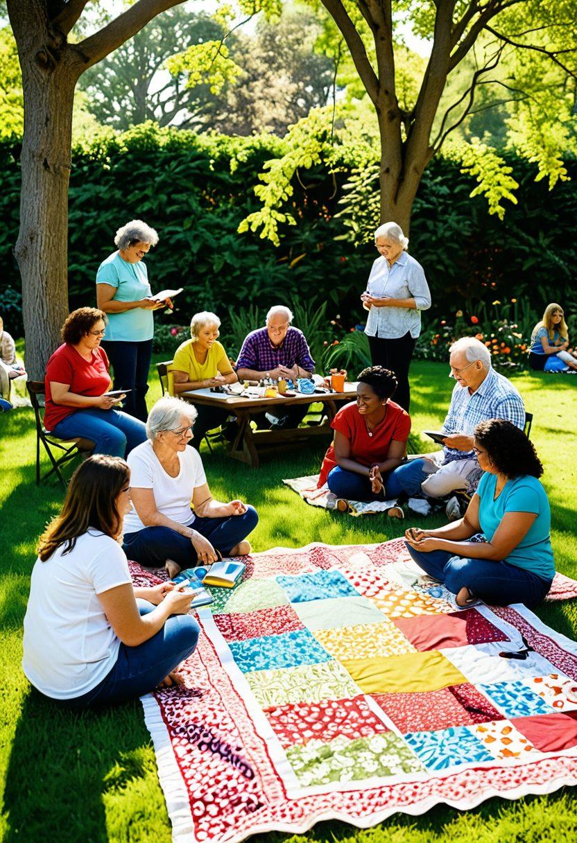 A vibrant lifestyle scene depicting diverse individuals engaged in sharing experiences, ideas, and creativity. Illustrate a cozy outdoor setting with colorful quilts, art supplies, and connected devices, while warm sunlight filters through lush greenery. Include elements of joy and community, such as laughter and artistic collaboration. super-realistic. vibrant colors. warm atmosphere.