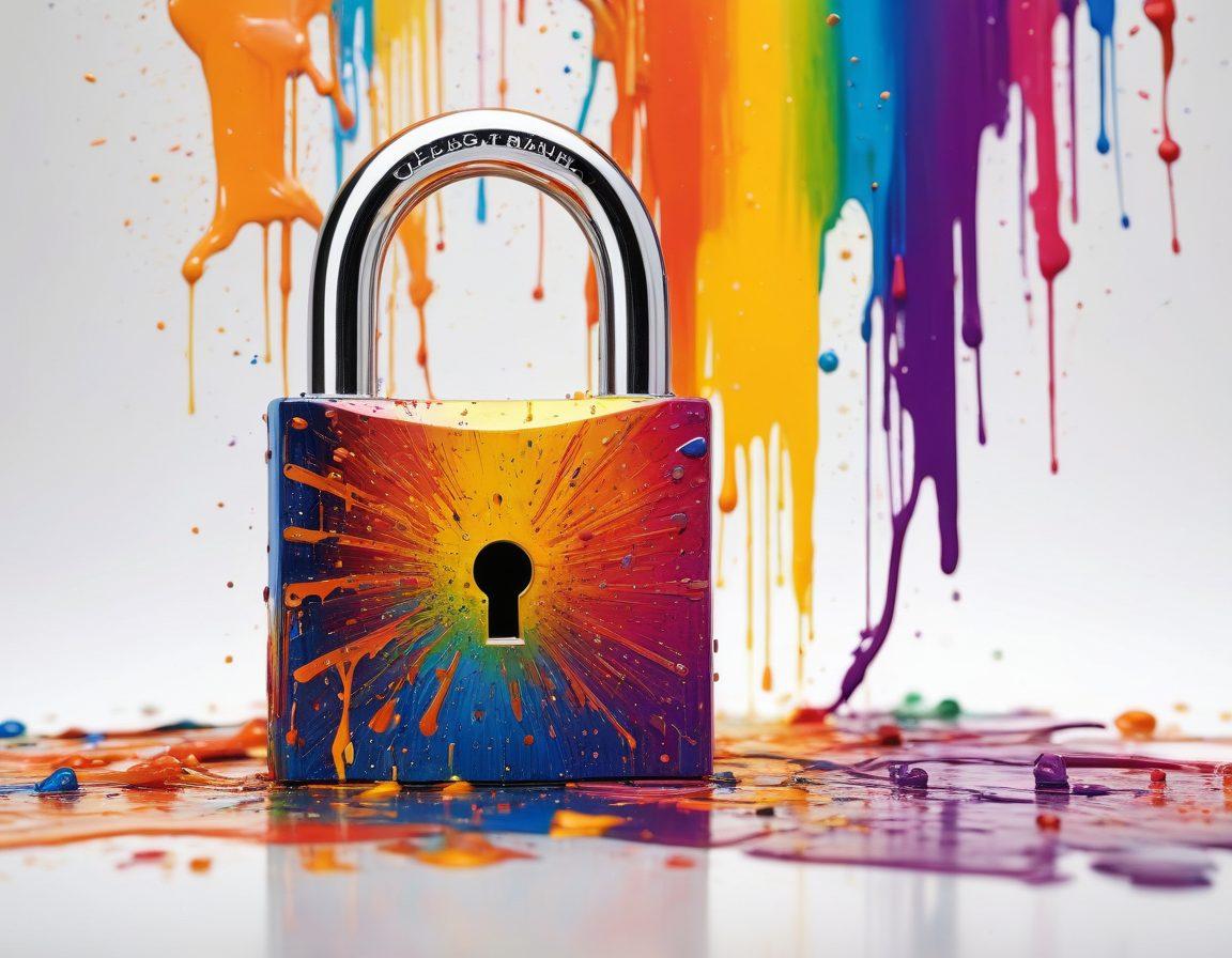 A vibrant, open padlock surrounded by colorful splashes of paint, symbolizing unlocked creativity. In the backdrop, various digital devices like smartphones and laptops hint at a thriving online community. Ethereal light rays illuminating the scene, suggesting inspiration flowing through the air. The overall mood is lively and energetic, inviting viewers to explore their creativity. super-realistic. vibrant colors. white background.